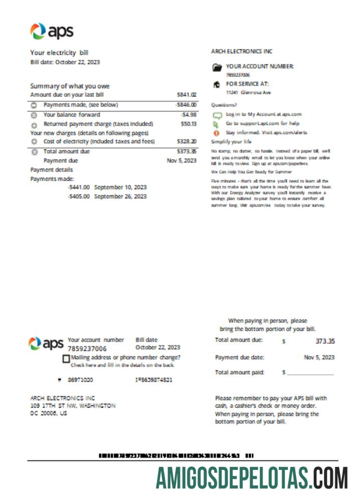 Comprovante de endereço de eletricidade do Arizona APS, fatura de serviços públicos SCR amostra